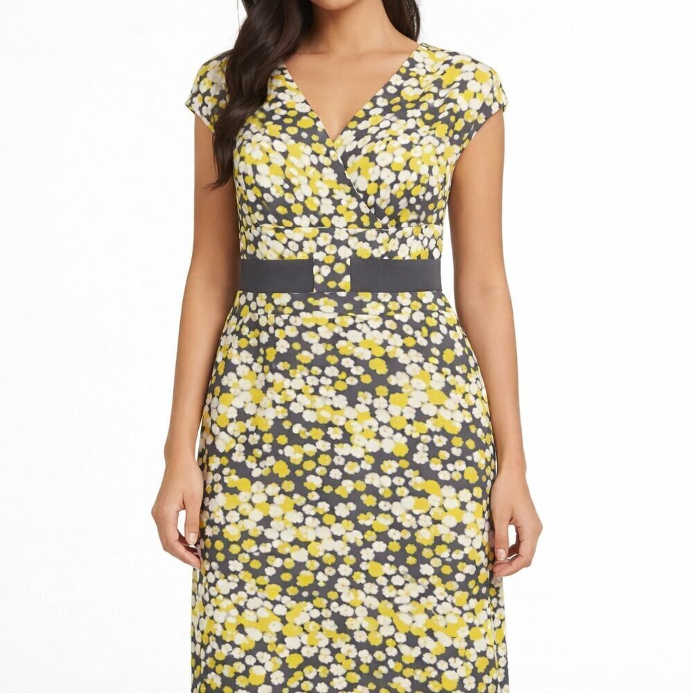 Boden Sheath Midi Dress Size 8 Polka Dot Yellow Cap Sleeve Lined Preppy Artsy